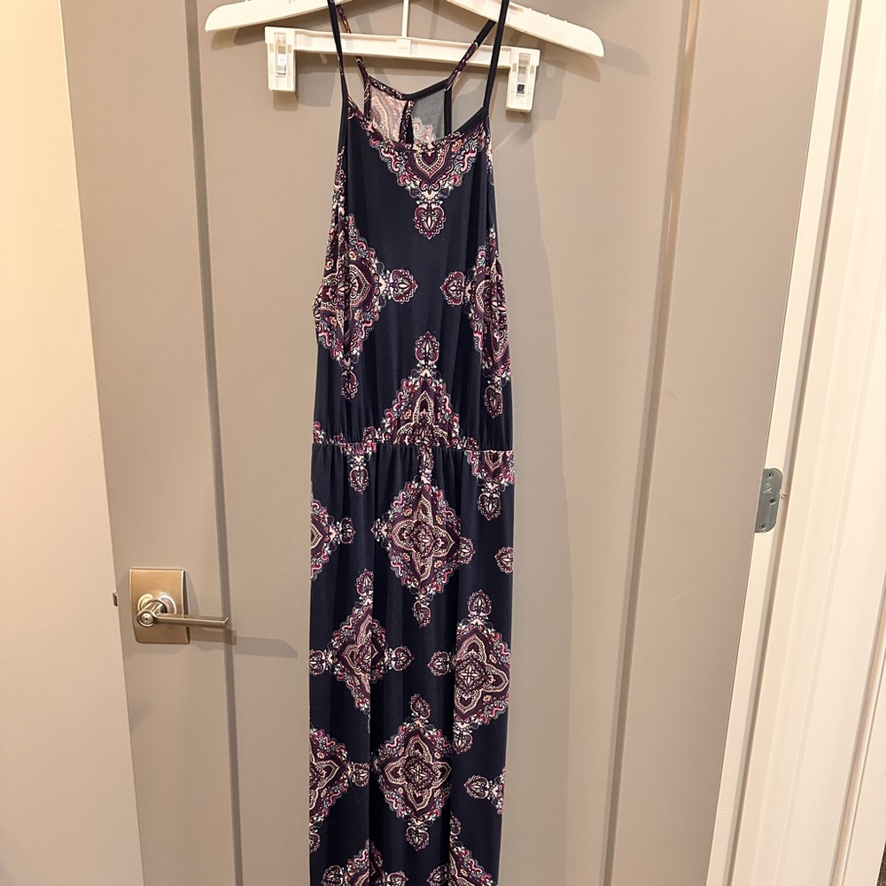 French Grey Navy and Pink Paisley Maxi Dress